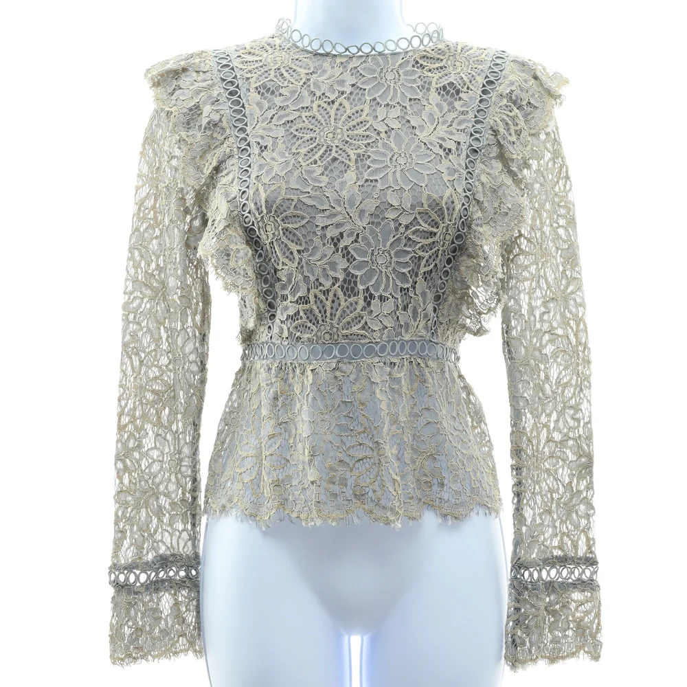 Storia Lace Embroidered Longsleeve Top Blouse Women M Blue/Cream